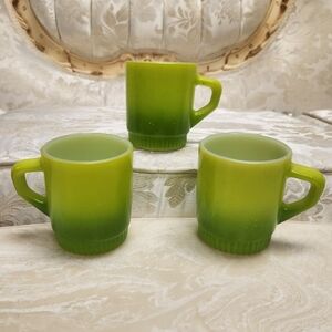 3 Fire King Anchor Hocking GREEN Ombre Stackable Coffee Cups Mugs